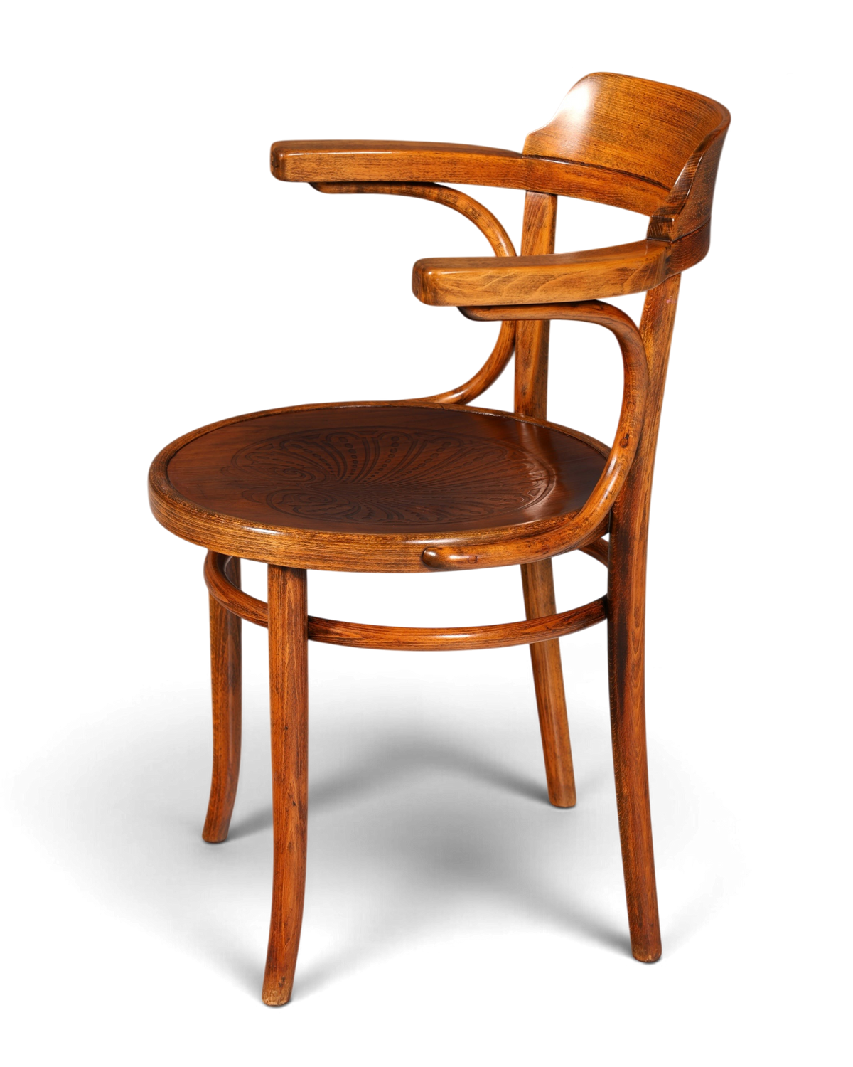 Hauptstadt Möblerei Armlehnstuhl im Thonet-Stil aus dunklem Echtholz mit geschwungenen Linien und Sitzprägung