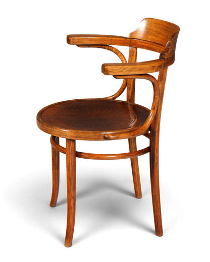 Hauptstadt Möblerei Armlehnstuhl im Thonet-Stil aus dunklem Echtholz mit geschwungenen Linien und Sitzprägung