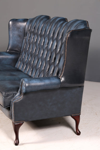 Beautiful original Chesterfield three-seater sofa, Queen Anne, blue English leather couch, England upholstered sofa