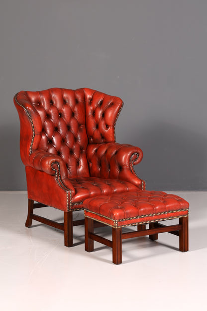 Original Chesterfield Ohrensessel mit Hocker Echtleder Englisch Herrensessel Ledersessel Antik Vintage
