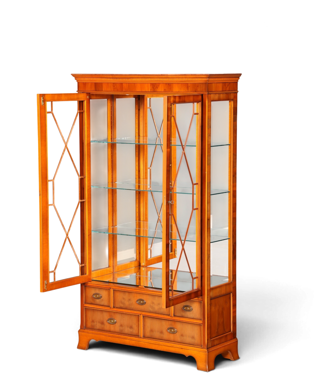 Hauptstadt Möblerei Heldense Vitrine aus englischer Eibe mit Glasböden, Beleuchtung und Schubladen im Antik-Stil