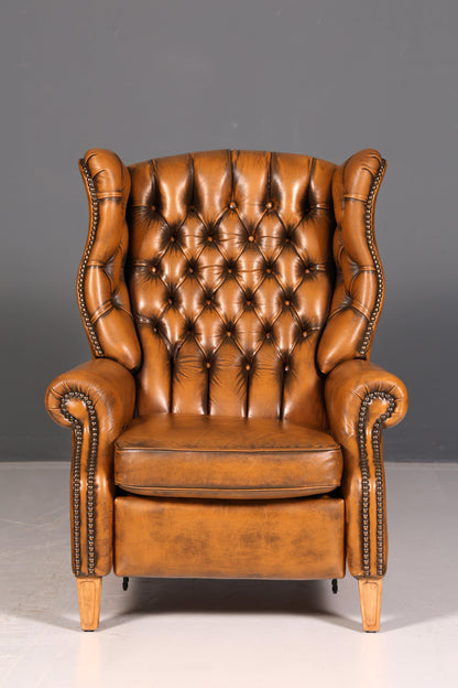 Original Chesterfield wingback armchair, genuine leather, English gentleman’s chair, leather armchair, soft leather, reclining function, antique vintage