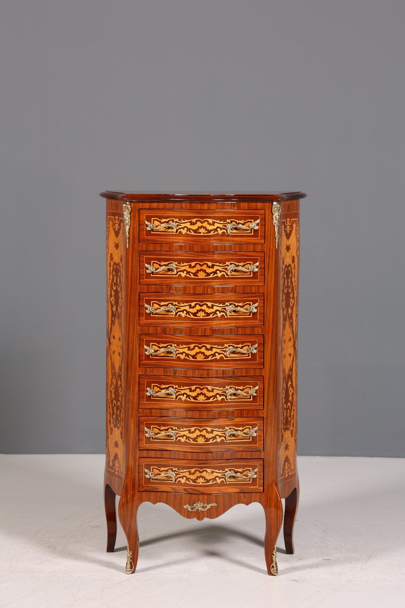 Traumhaftes Barock Stil Louis XV Highboard Intarsien Vertiko Kommode Schubladenkommode