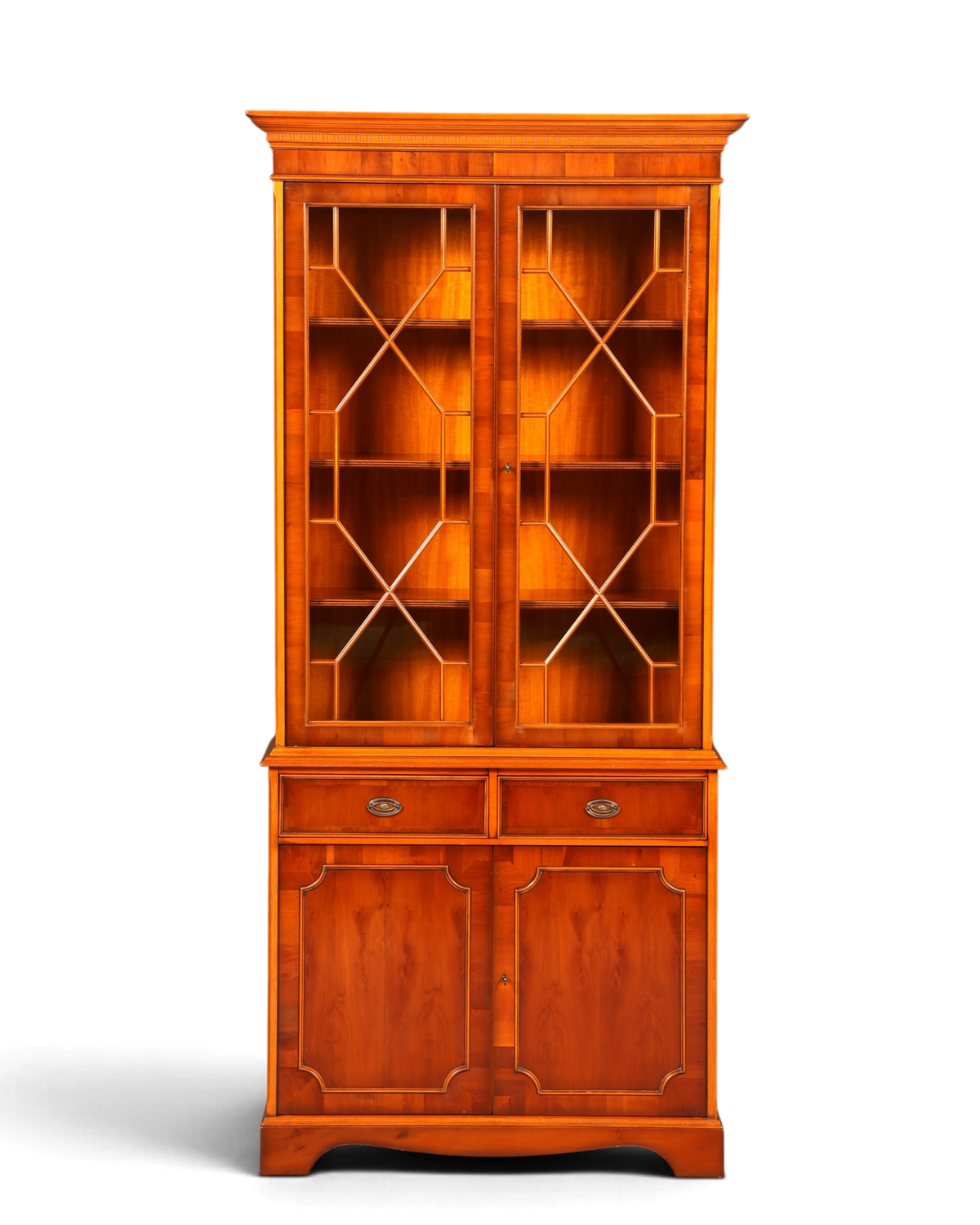 Hauptstadt Möblerei Heldense Vitrine aus Eibe mit verglasten Sprossentüren und Unterschrank im englischen Stil