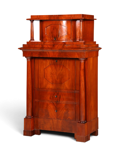 Hauptstadt Möblerei antiker Biedermeier Sekretär aus massivem Holz mit Säulen und aufklappbarer Schreibfläche um 1860