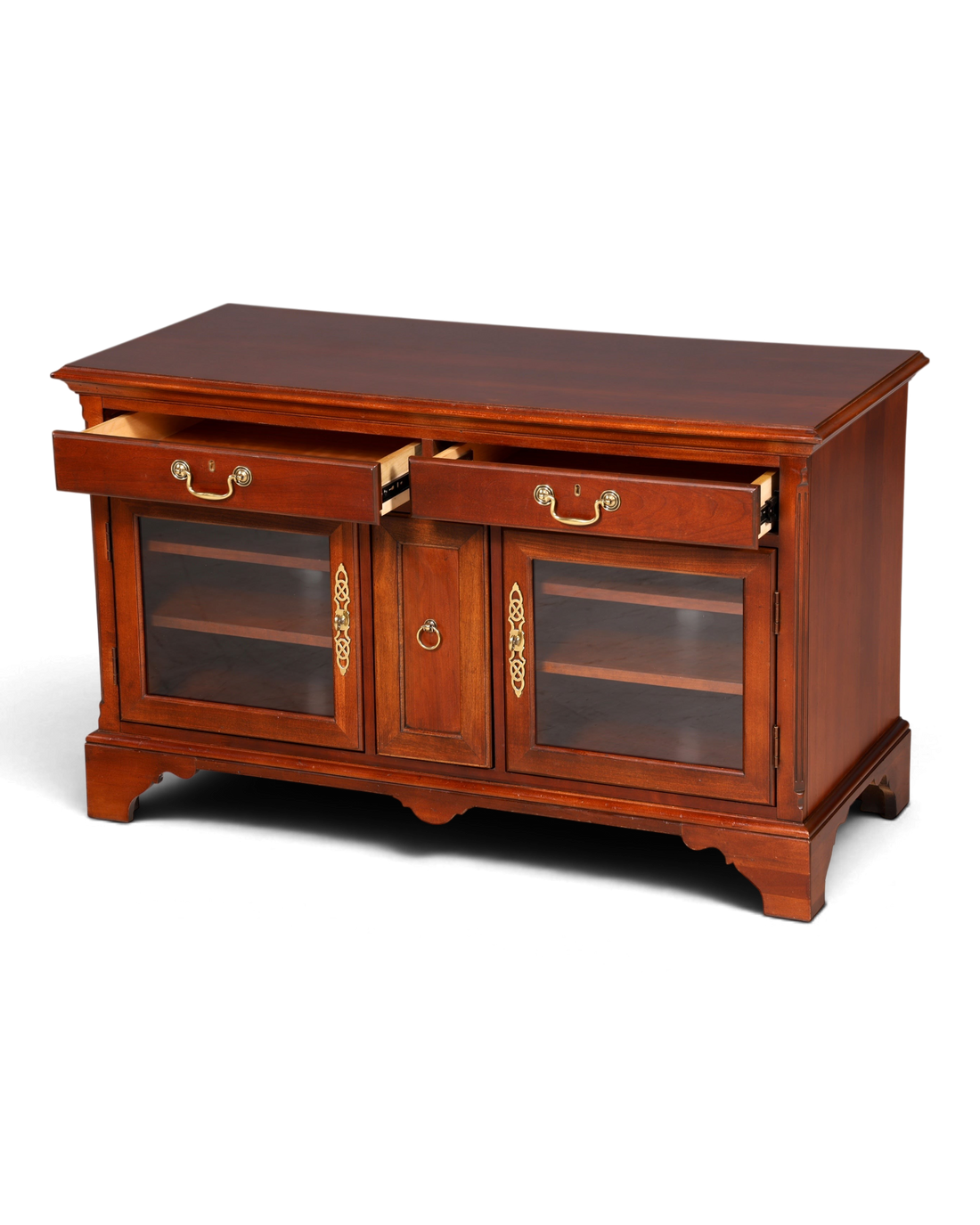 Hauptstadt Möblerei Sideboard aus dunklem Holz mit zwei Schubladen, Glastüren und verzierten Messinggriffen