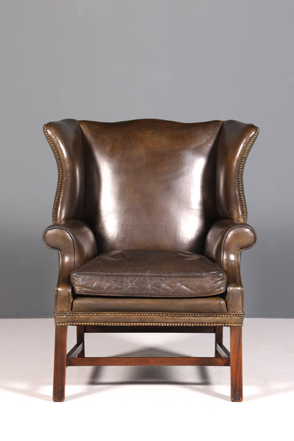 Wunderschöner Englischer Ohrenbacken Sessel braun Englisch Leder Herrensessel UK Armlehnsessel