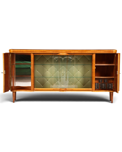 Hauptstadt Möblerei Anrichte aus Holz mit grünem Rautenmuster-Glas, integrierter Beleuchtung und Spiegelflächen