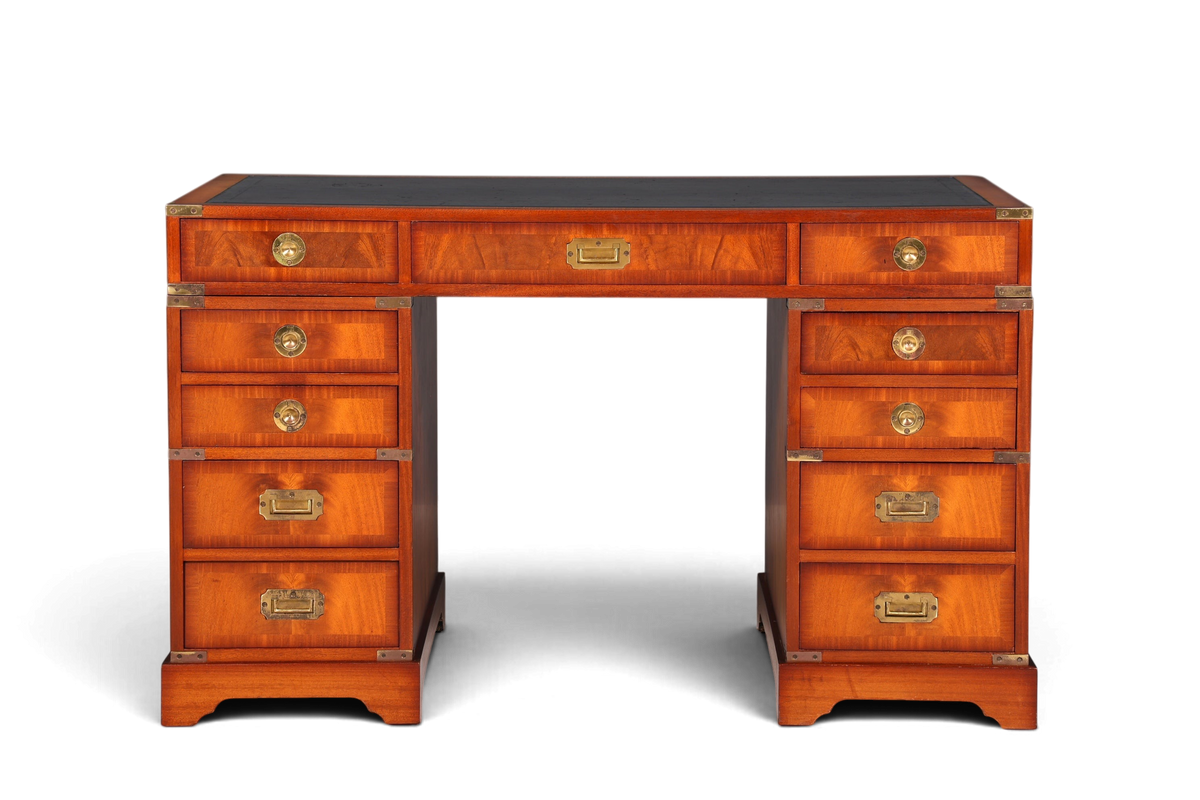 Hauptstadt Möblerei maritimer Military Chest Schreibtisch aus Holz mit schwarzer Lederauflage und Messingbeschlägen