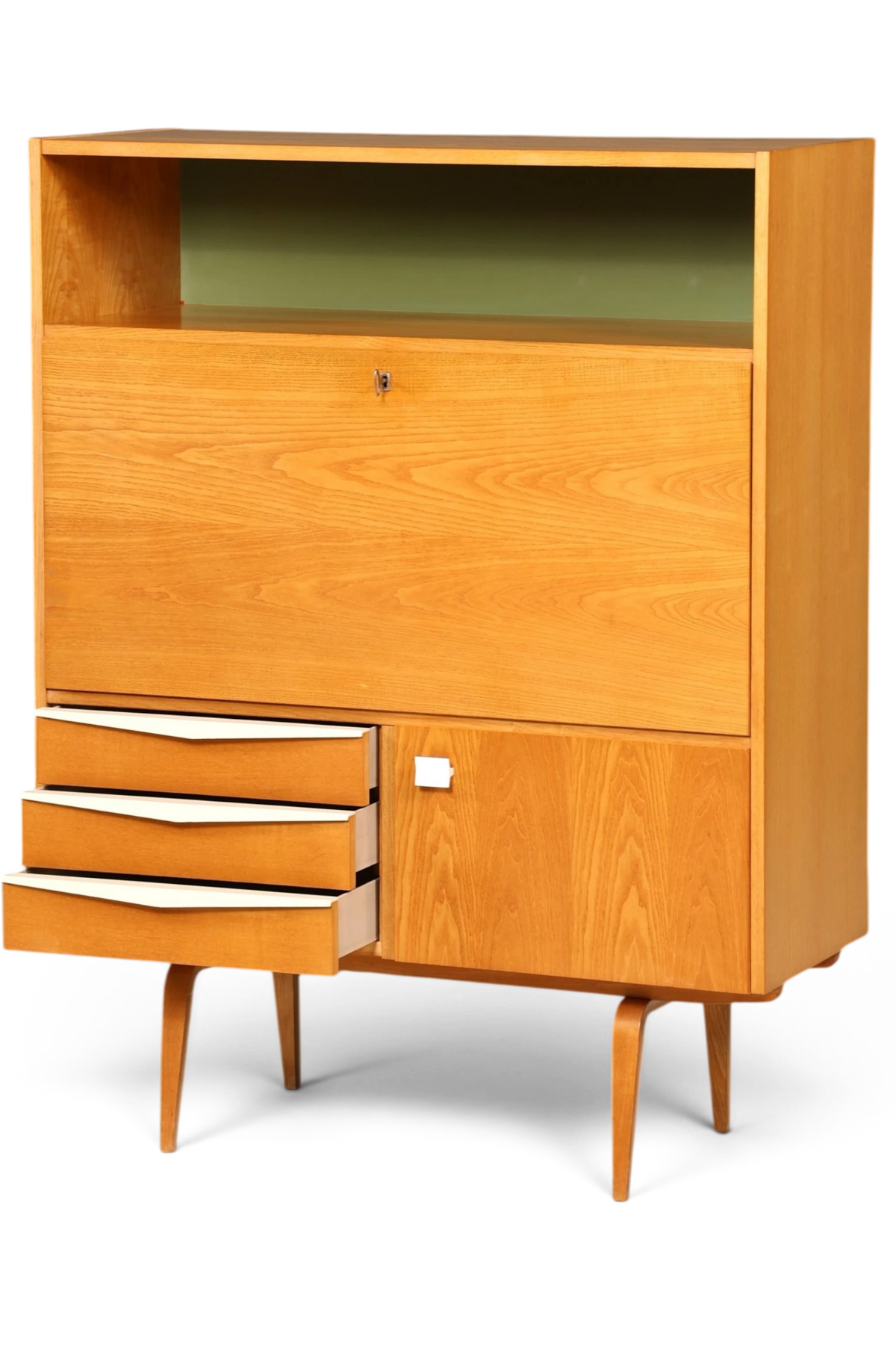 Hauptstadt Möblerei Hellerau Sekretär Modell 427 aus Eschenholz im Mid-Century Design mit ausklappbarer Schreibfläche