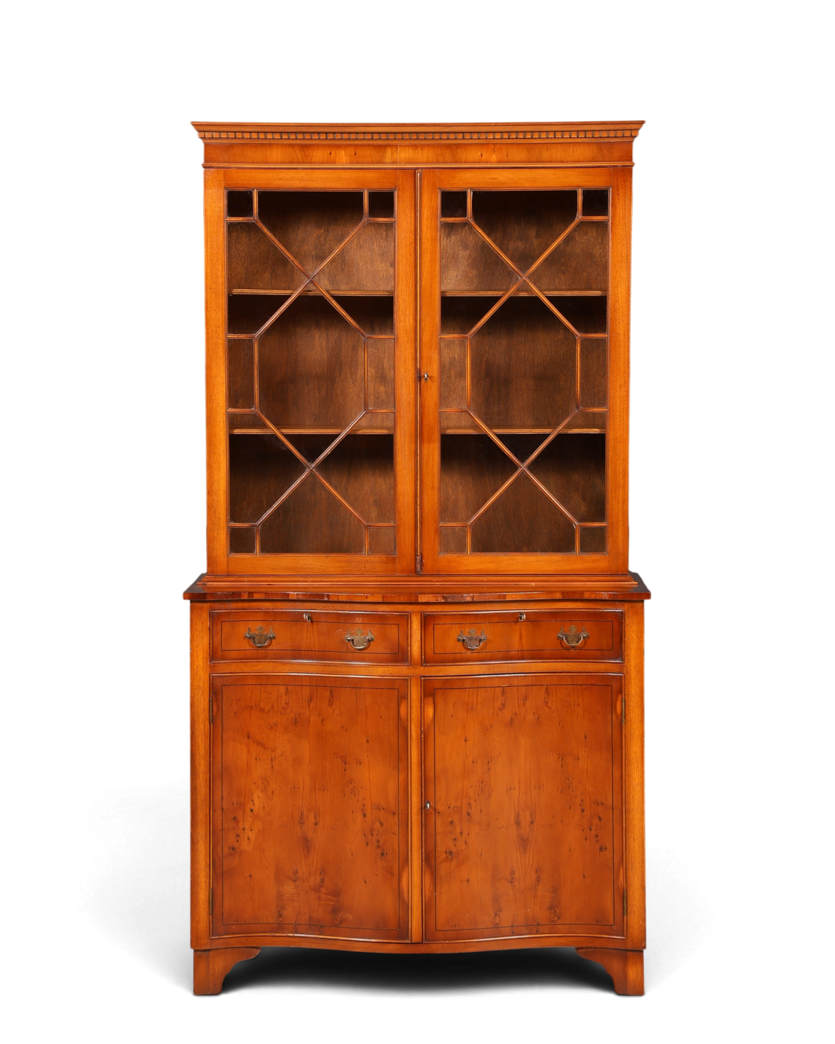 Hauptstadt Möblerei englische Vitrine aus Eibenholz mit verglastem Aufsatz, Schubladen und dekorativen Sprossen