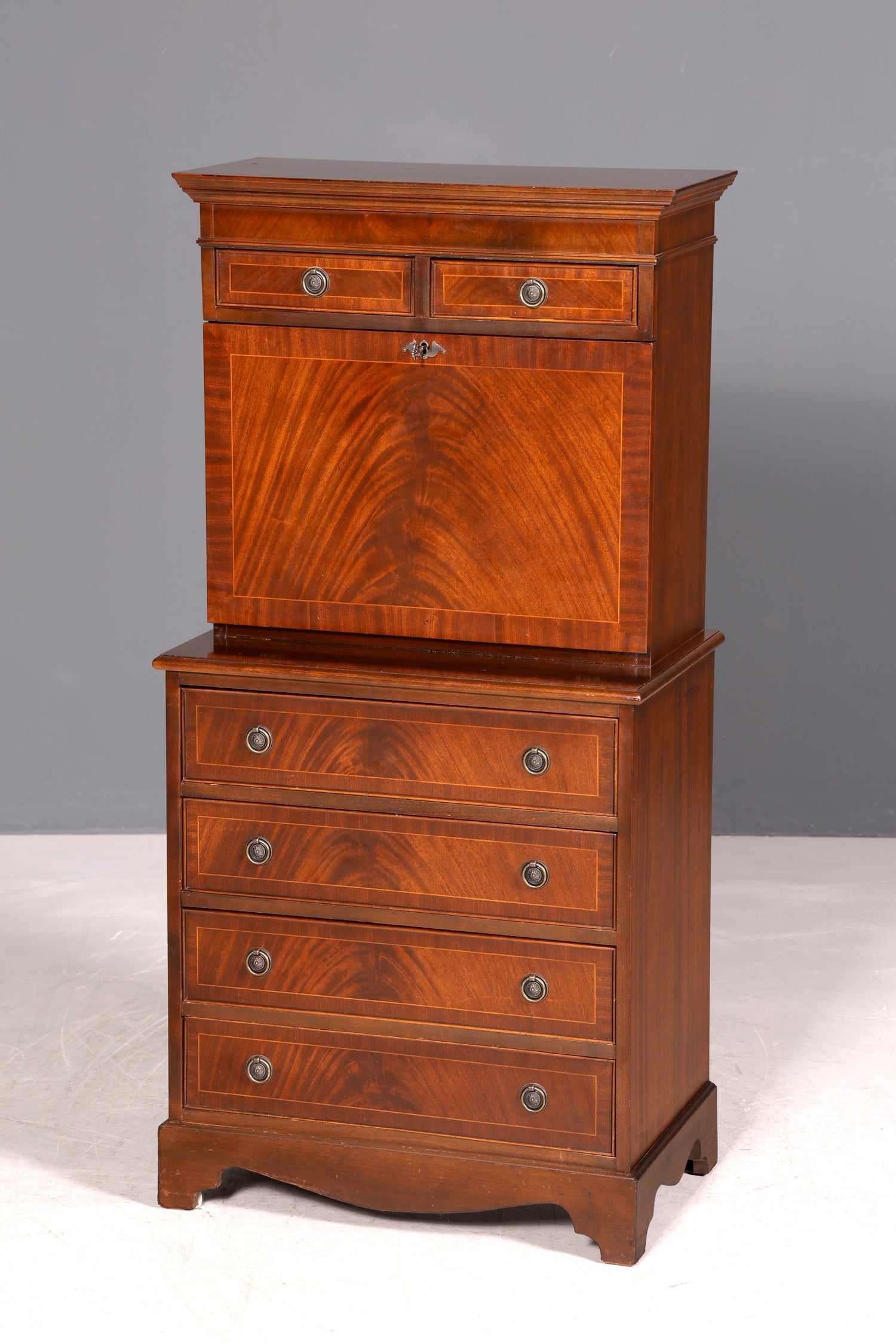 G026 Finish cm Wunderschöner Englischer Sekretär Büro Aufsatzsekretär Antik 60S Vitrinen Schrank UK