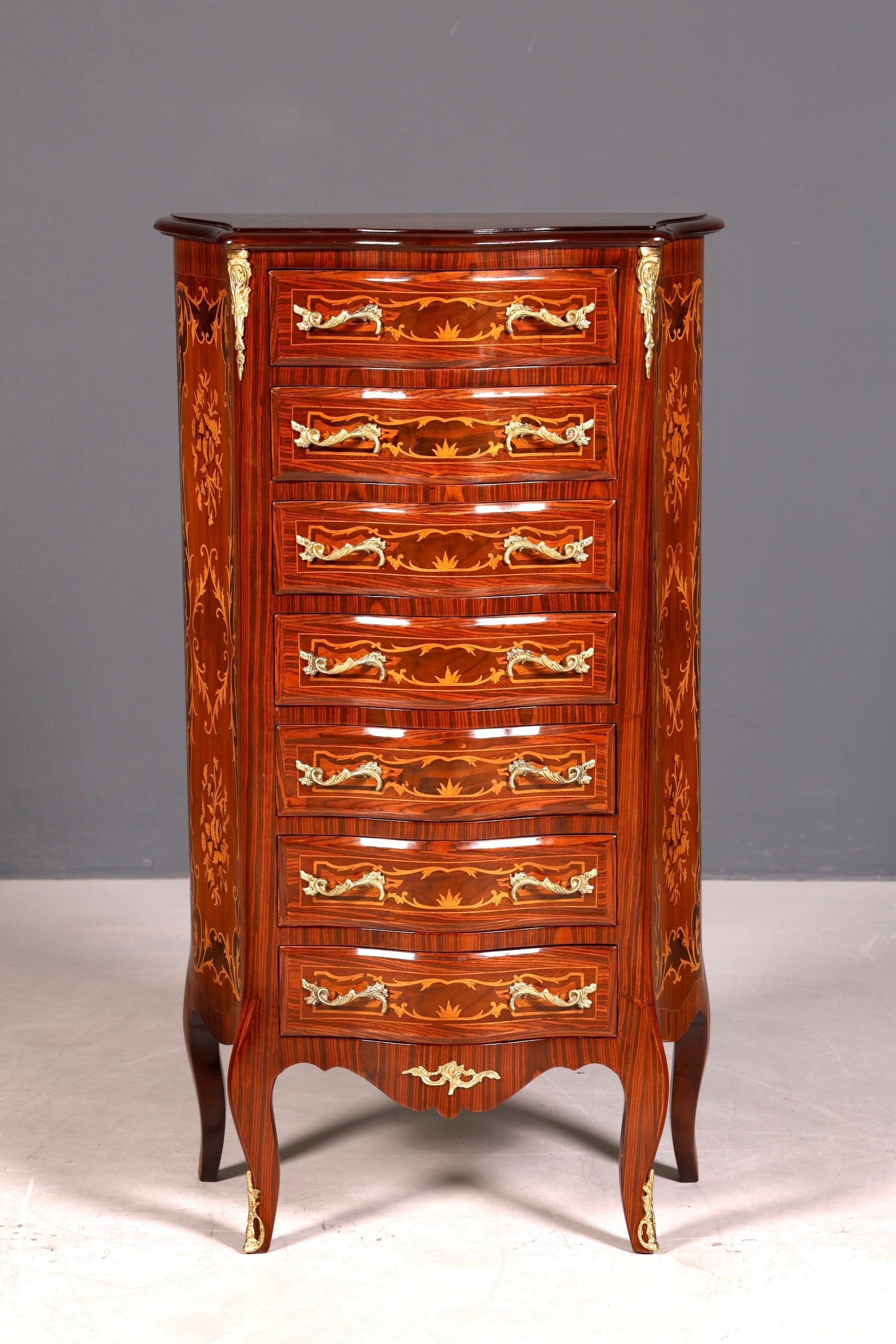 Stilvolles Barock Stil Louis XV Highboard Intarsien Vertiko Kommode Schubladenkommode