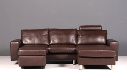 Beautiful Stressless E200 corner sofa in genuine brown leather with chaise longue, footstool, and vintage leather upholstery.