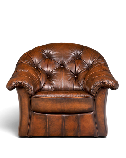Hauptstadt Möblerei Chesterfield Sessel aus braunem Echtleder mit klassischer Knopfheftung im Vintage-Stil