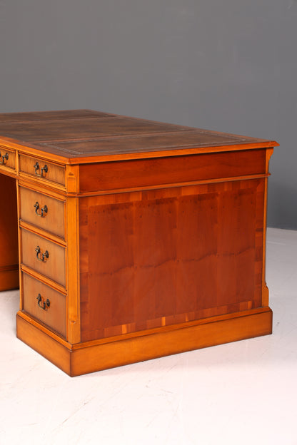 Wunderschöner Original Heldense Englischer Schreibtisch Eibe Echt Lederauflage Antik Stil Chefschreibtisch Bürotisch Partner Desk