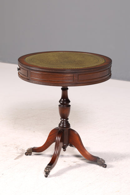 Edler Englischer Trommeltisch Mahagoni Beistelltisch Drum Table mit grüner Lederauflage Antik Vintage