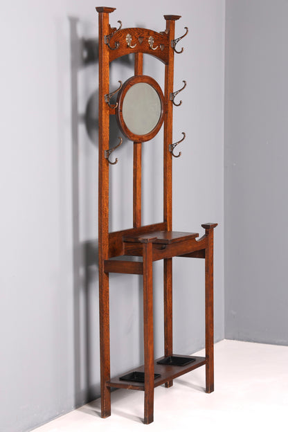 Stunning Art Nouveau hall tree, oak, antique coat rack with mirror, hallway furniture, wall-mounted coat rack