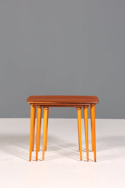 Filigranes Mid Century Tisch Set Couchtisch Teak Holz 3er Satz Ablagetisch Beistelltisch