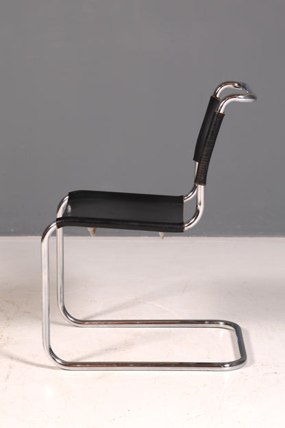 Edler Original Thonet Freischwinger Stuhl Chrom Leder Schwarz Bauhaus Designklassiker Vintage Kragstuhl Esszimmer Stuhl Vintage 1 von 2
