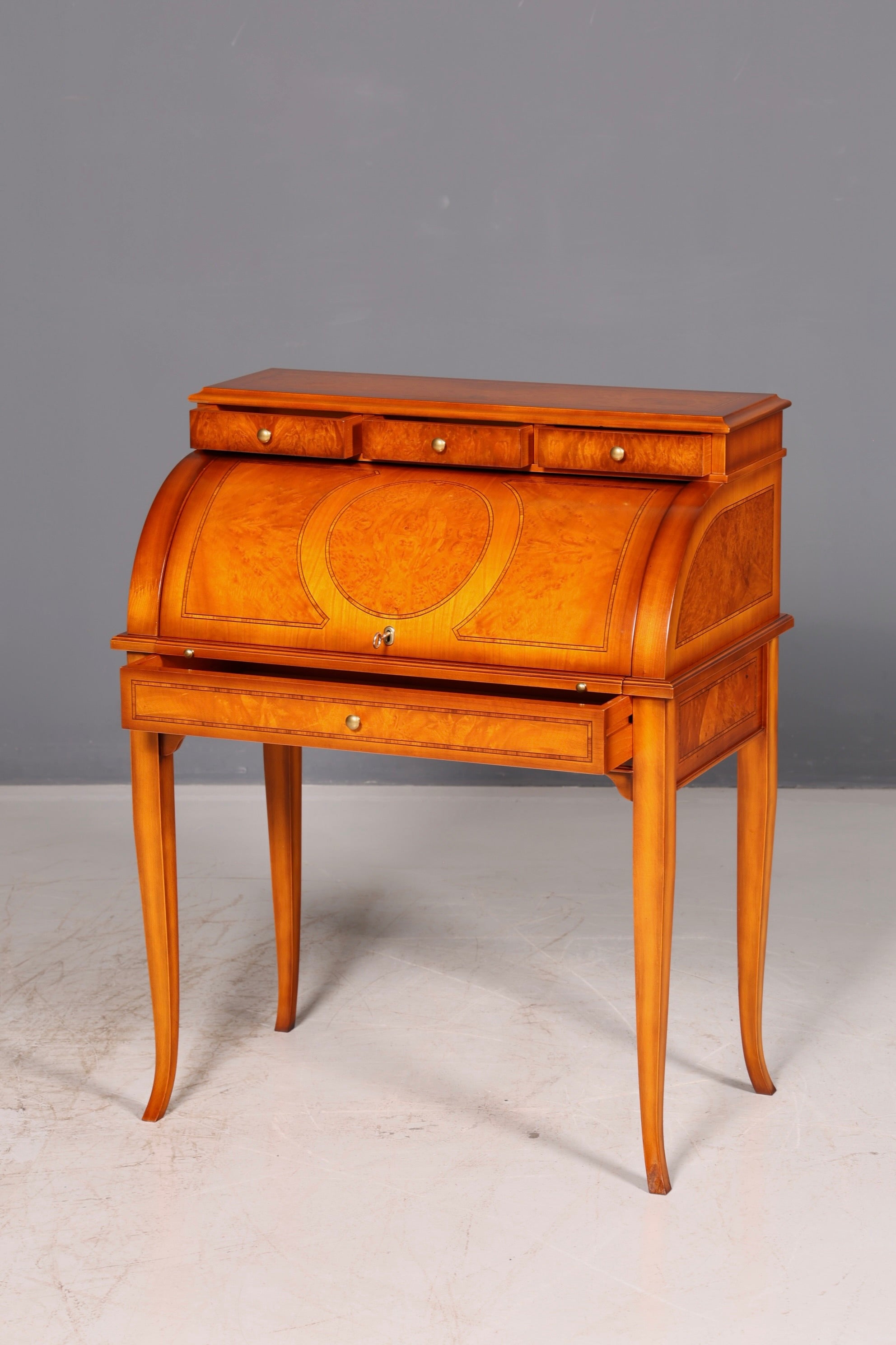 Beautiful antique roll-top secretary desk in Baroque style, cylinder desk, writing cabinet, circa 1930