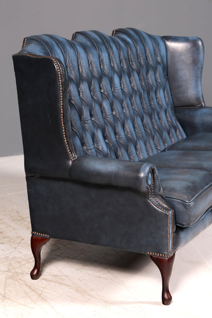 Beautiful original Chesterfield three-seater sofa, Queen Anne, blue English leather couch, England upholstered sofa