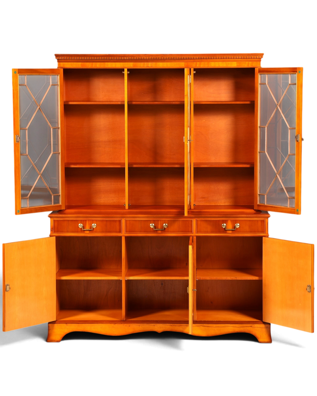 Hauptstadt Möblerei englische Vitrine aus Eibenholz mit Glasfronten, Schubladen und verstellbaren Regalböden