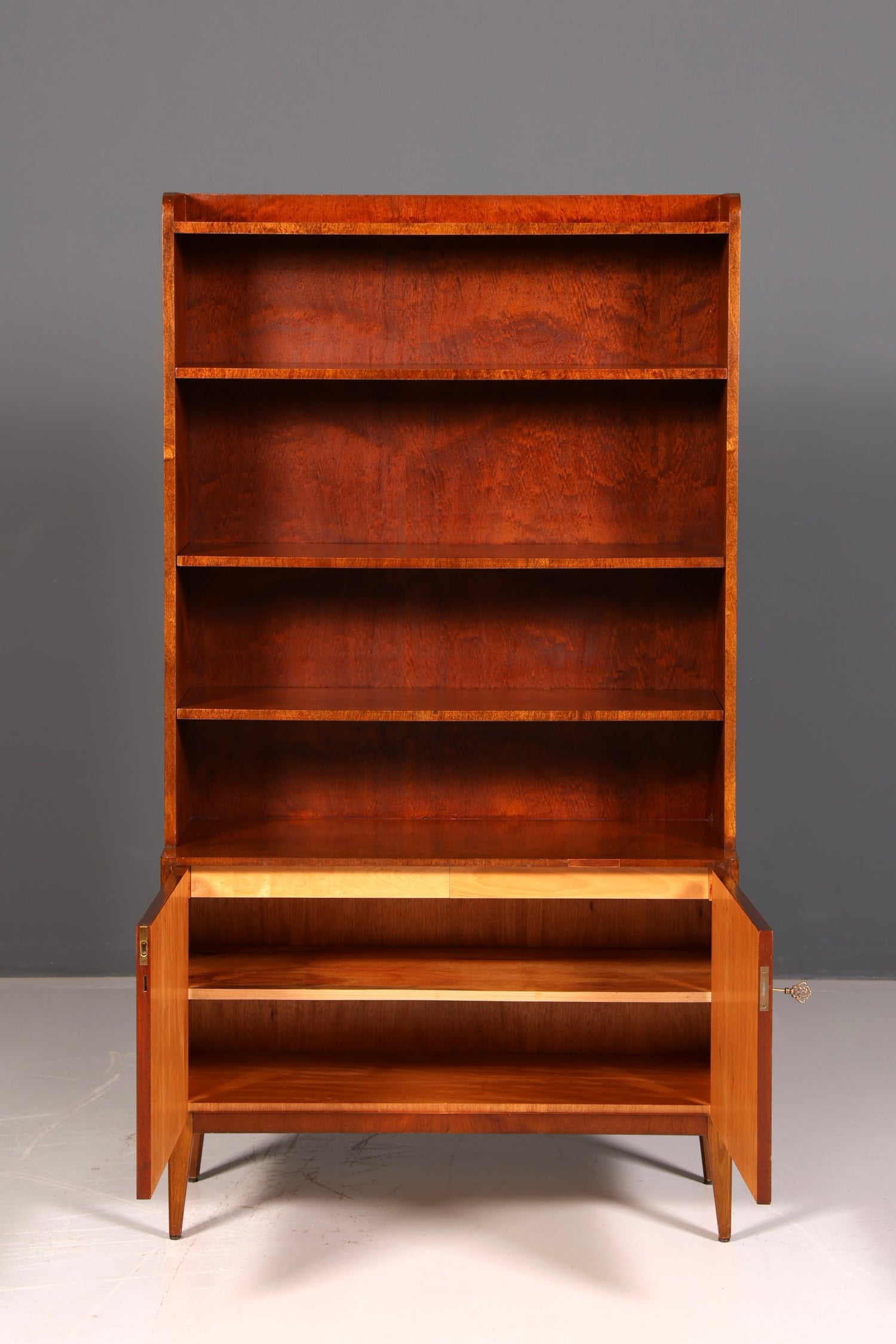 Simple mid-century bookcase, Danish design shelving cabinet, walnut, vintage retro 1960s wood