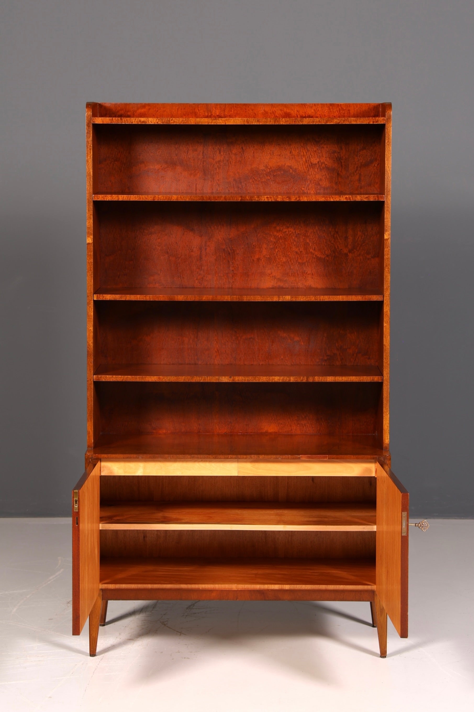 Simple mid-century bookcase, Danish design shelving cabinet, walnut, vintage retro 1960s wood