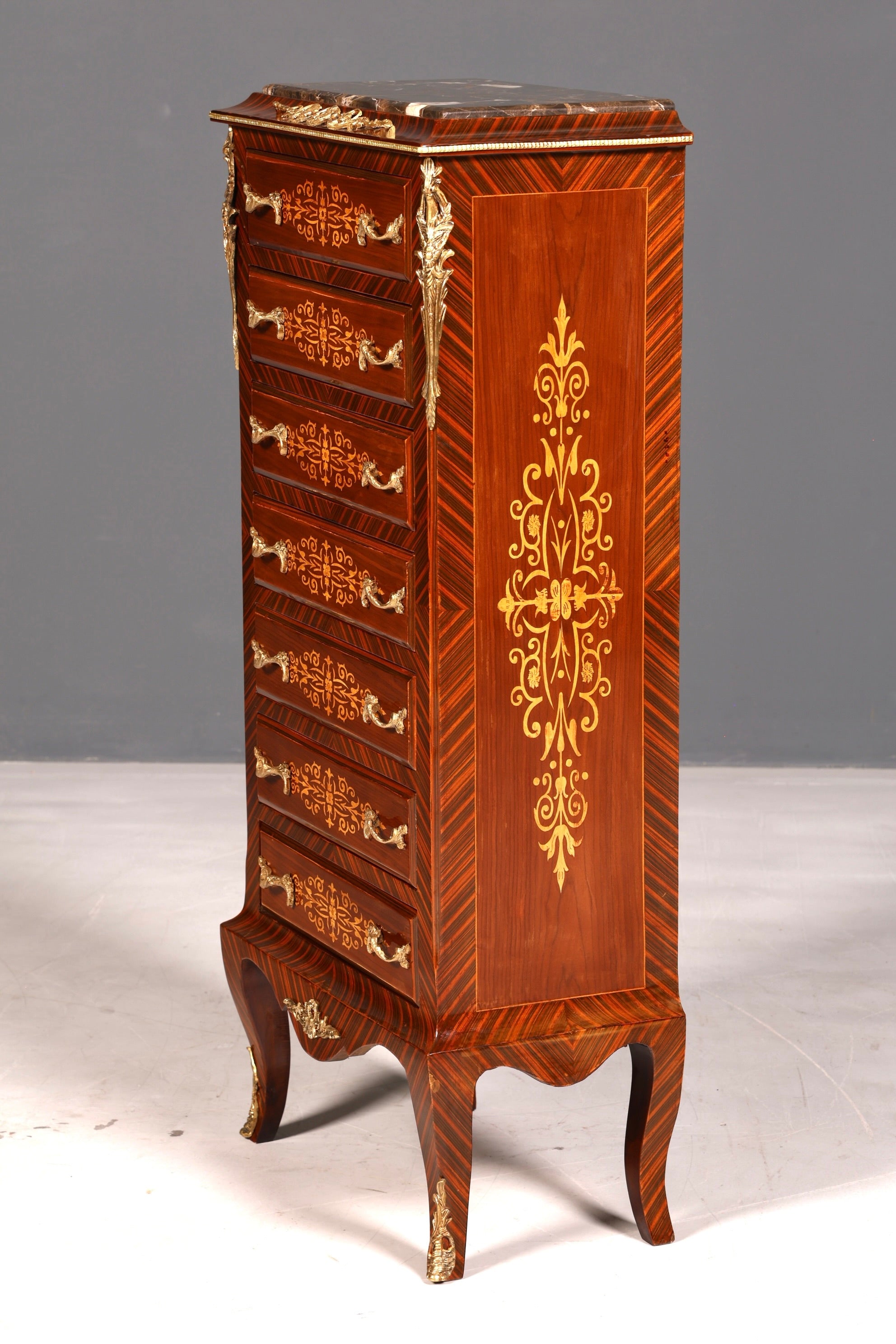 Wunderschönes Barock Stil Louis XV Highboard Marmor Vertiko Intarsien Kommode