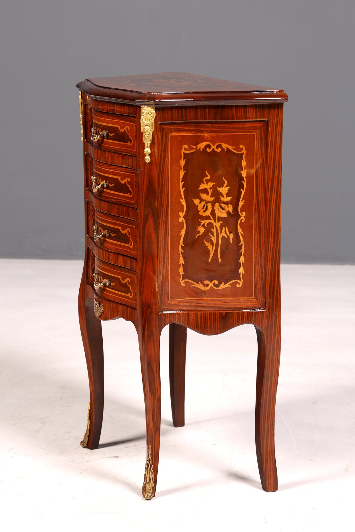 Elegant Baroque-style antique dresser, side table, brass cabinet, chest of drawers