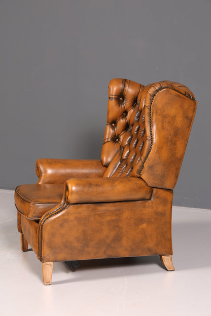 Original Chesterfield wingback armchair, genuine leather, English gentleman’s chair, leather armchair, soft leather, reclining function, antique vintage