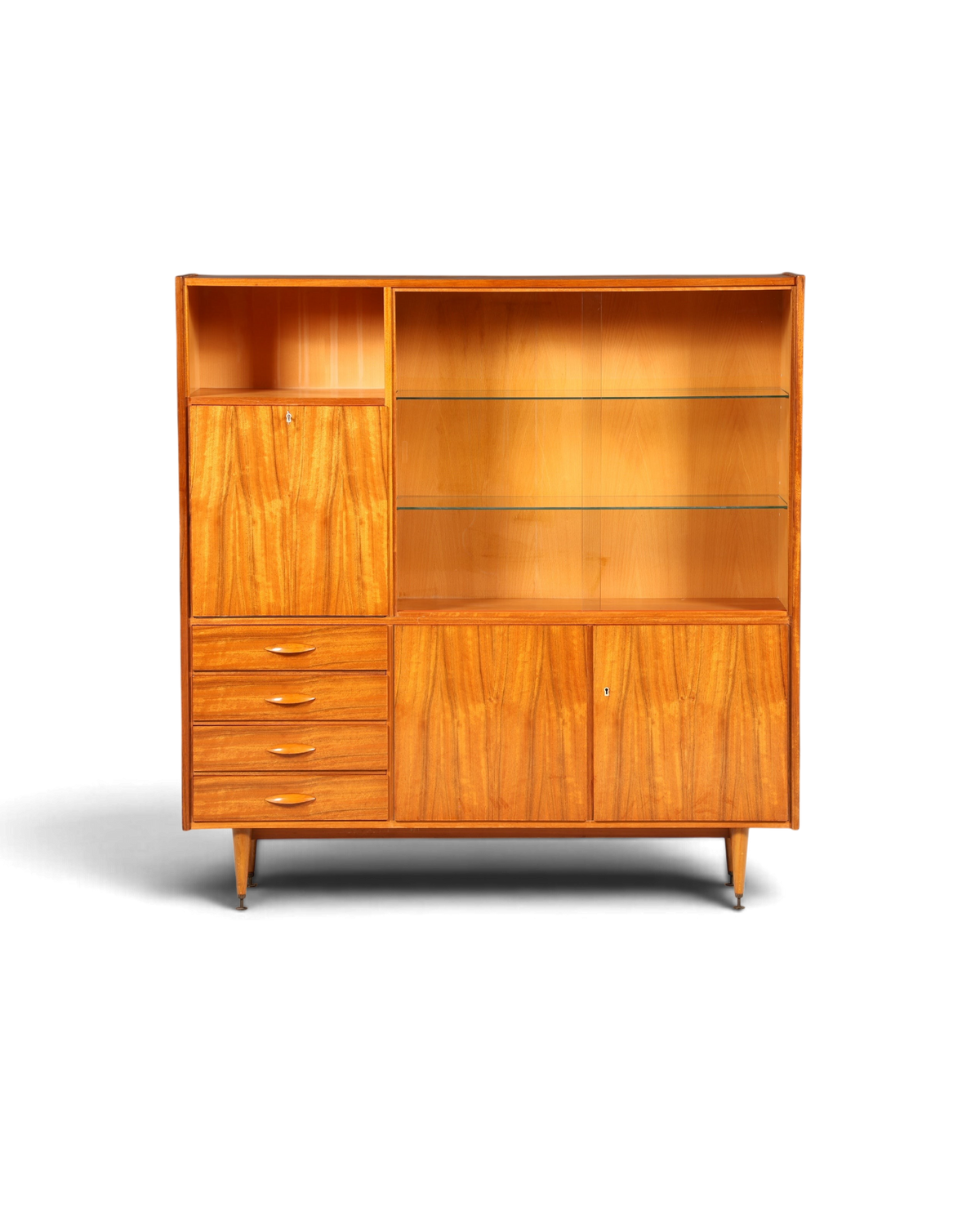 Hauptstadt Möblerei Mid Century Highboard aus Holz mit Glasschiebetüren, Schubladen und konischen Füßen im 60er Stil