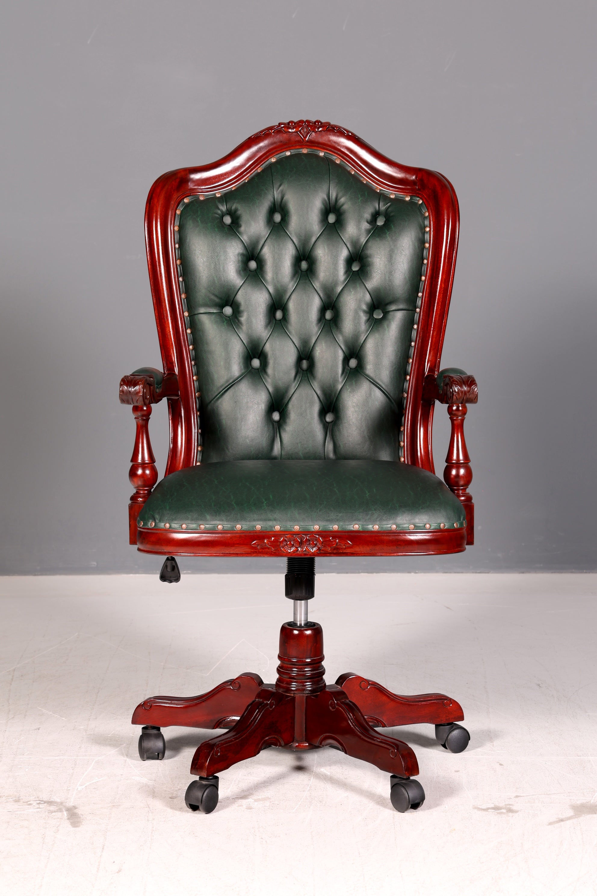 Elegant Chesterfield Executive Office Chair Green Mahogany Desk Chair Swivel Chair English Vintage