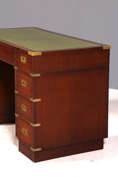 Edler Maritimer Schreibtisch Englischer Military Bürotisch Office Table mit echt Lederauflage