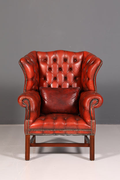 Original Chesterfield Ohrensessel mit Hocker Echtleder Englisch Herrensessel Ledersessel Antik Vintage