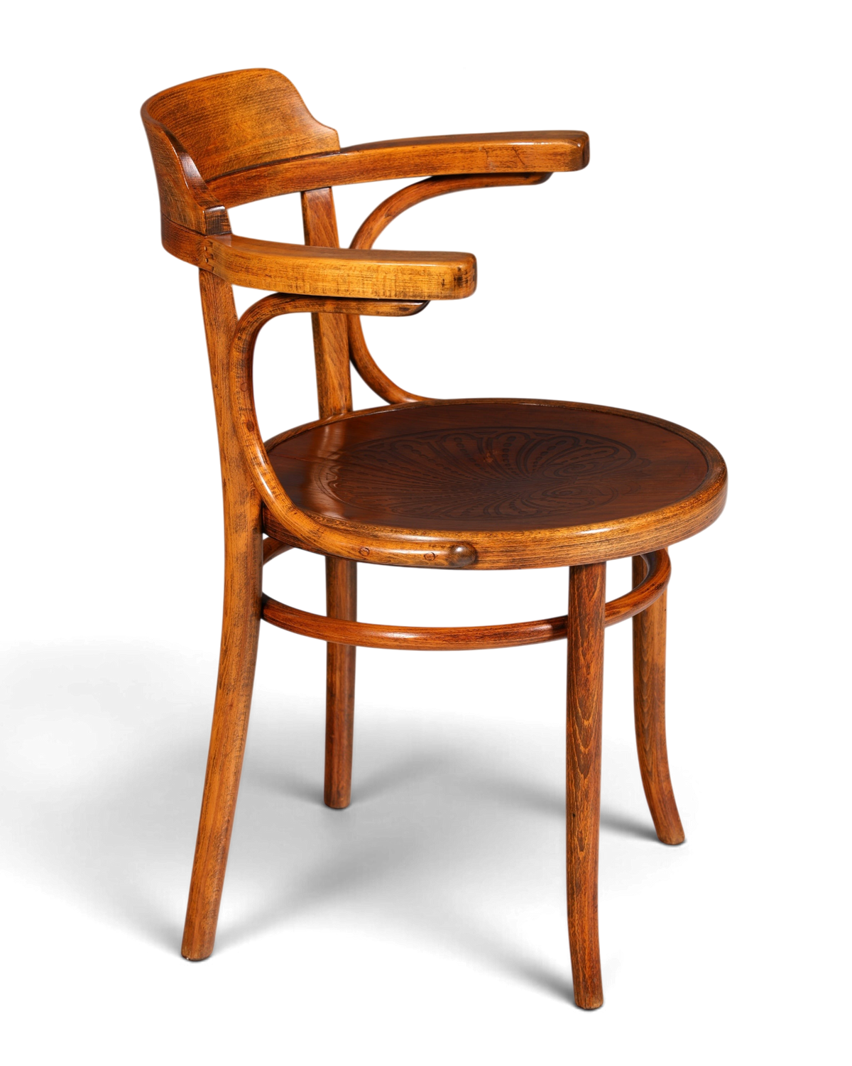 Hauptstadt Möblerei Armlehnstuhl aus antikem Bugholz im klassischen Thonet-Stil mit geschwungener Rückenlehne