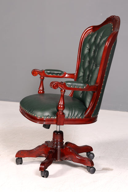 Elegant Chesterfield Executive Office Chair Green Mahogany Desk Chair Swivel Chair English Vintage