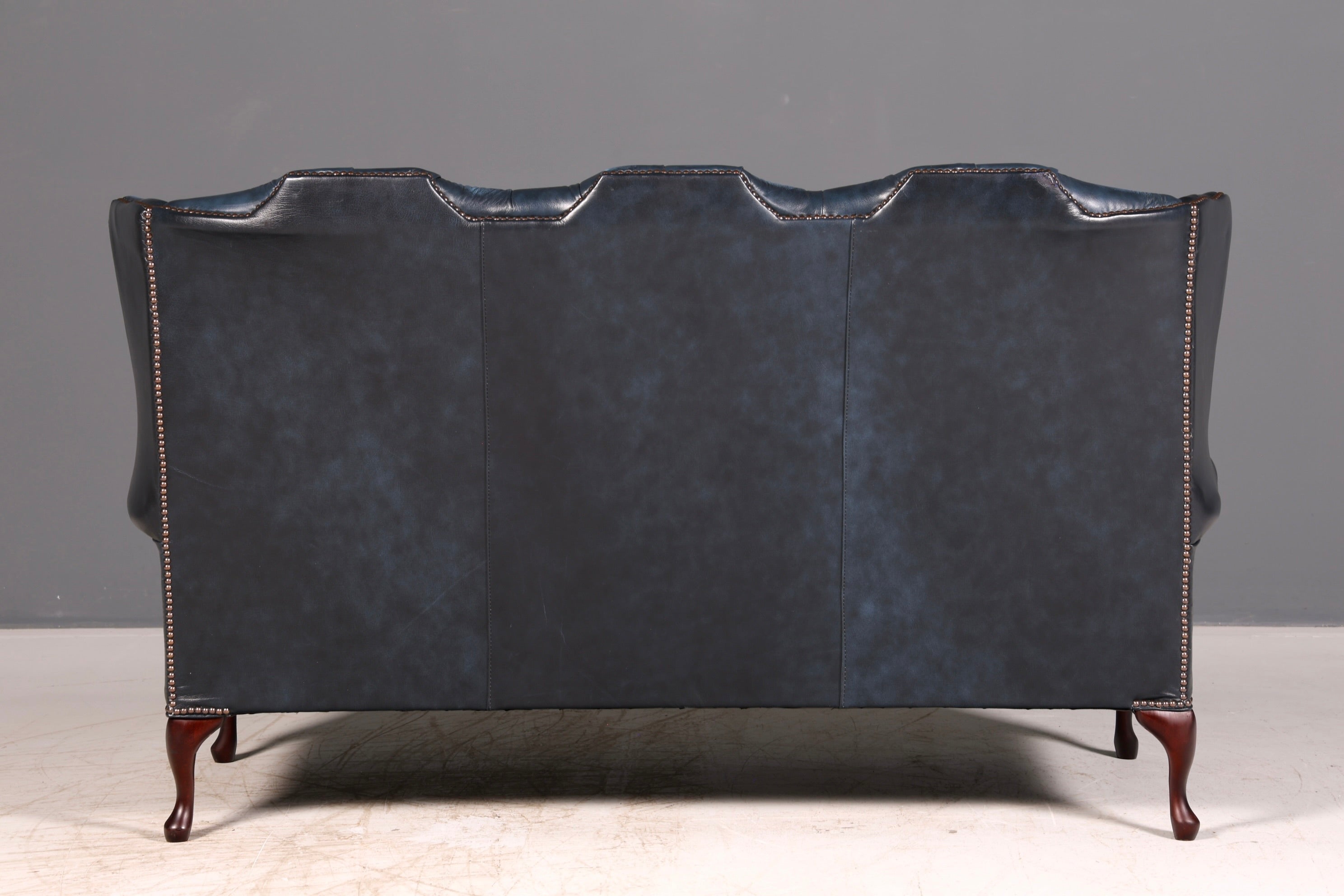Beautiful original Chesterfield three-seater sofa, Queen Anne, blue English leather couch, England upholstered sofa