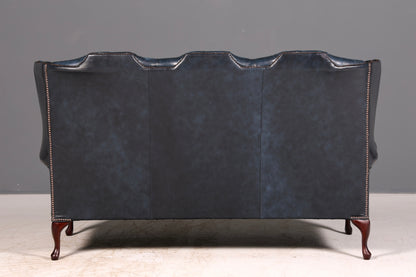 Beautiful original Chesterfield three-seater sofa, Queen Anne, blue English leather couch, England upholstered sofa