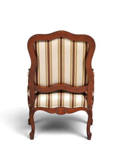 Hauptstadt Möblerei Drexel Heritage Monica Chair Armlehnsessel mit gestreiftem Stoffbezug und dunklem Holzrahmen