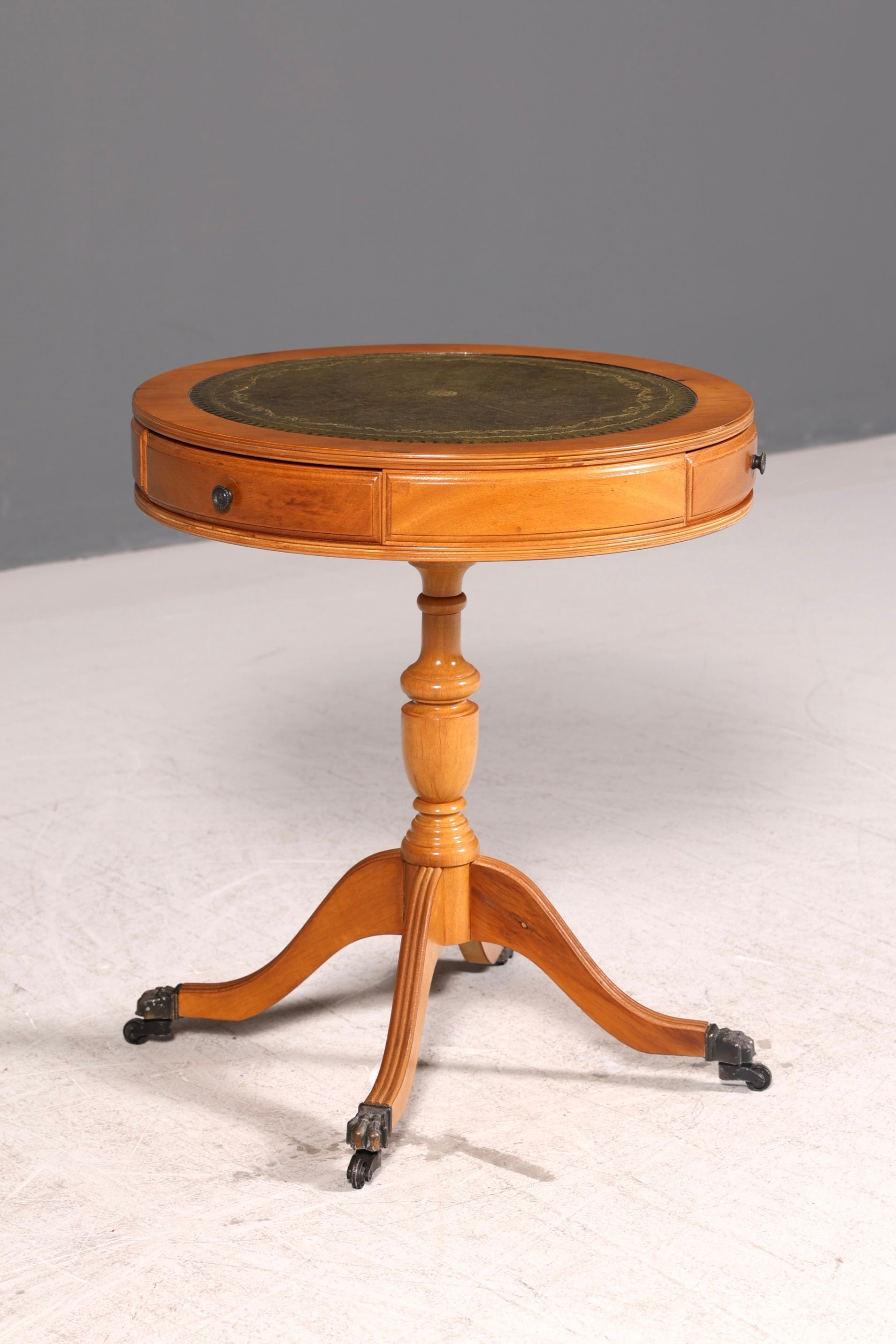 Wunderschöner Englischer Trommeltisch Beistelltisch Eibe Regency Echt Lederauflage Drum Table Ablagetisch Antik Vintage