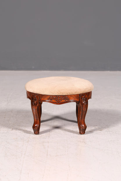 Wunderschöner Antiker Hocker Fußhocker Beige Samt Schemel Barock Stil Fußbank Sitzhocker Vintage