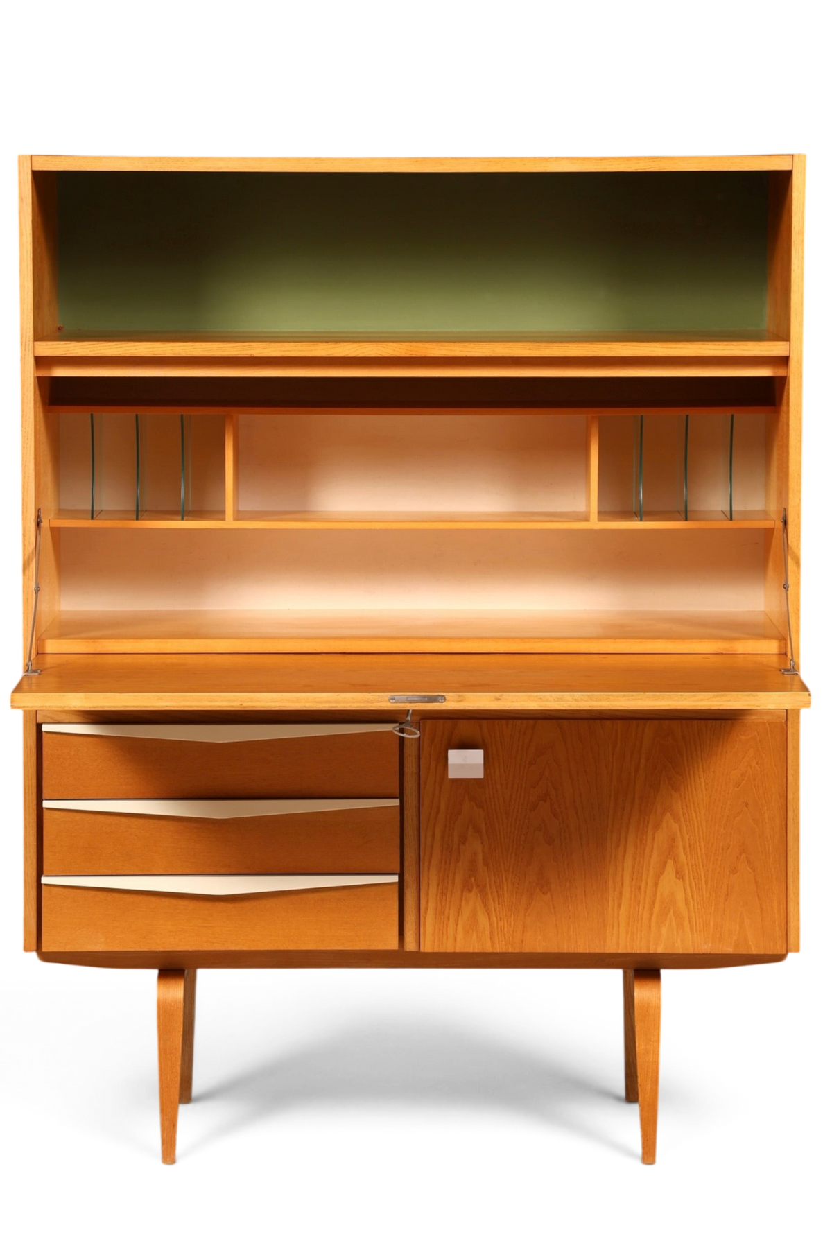 Hauptstadt Möblerei Hellerau Sekretär Modell 427 aus Eschenholz mit ausklappbarer Schreibfläche im Mid-Century-Design