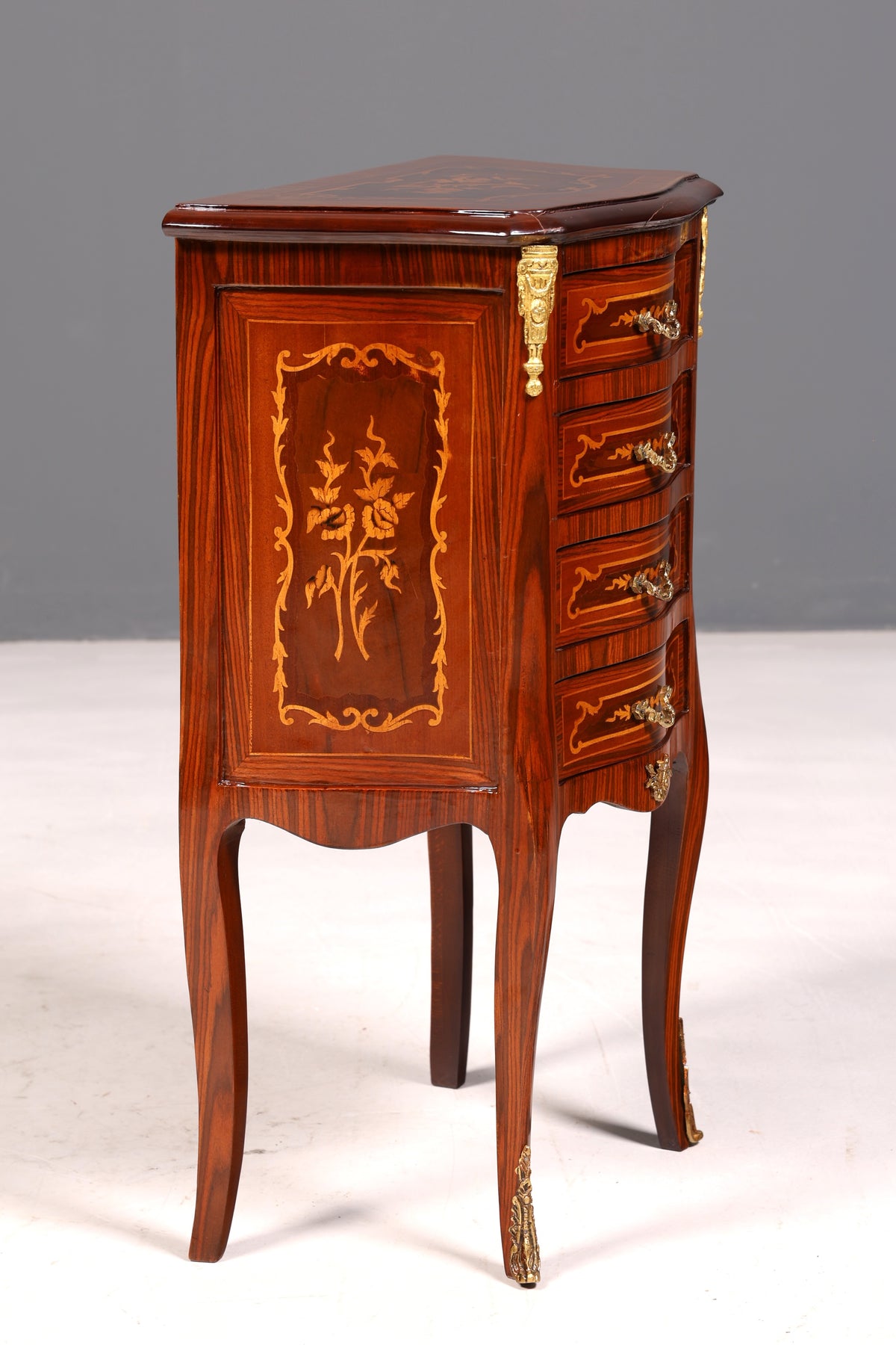 Elegant Baroque-style antique dresser, side table, brass cabinet, chest of drawers