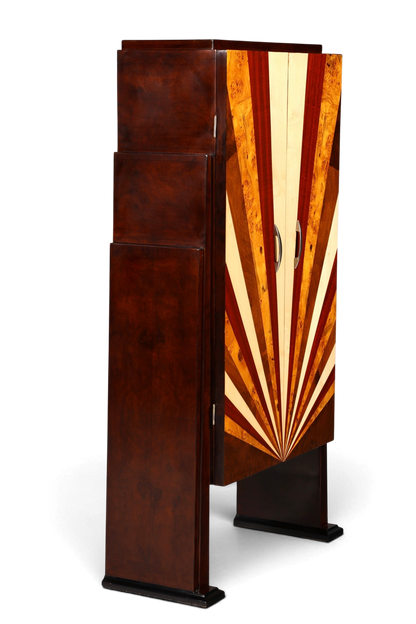 Hauptstadt Möblerei Art Deco Highboard Sun aus massivem Echtholz mit markantem strahlenförmigem Furniermuster