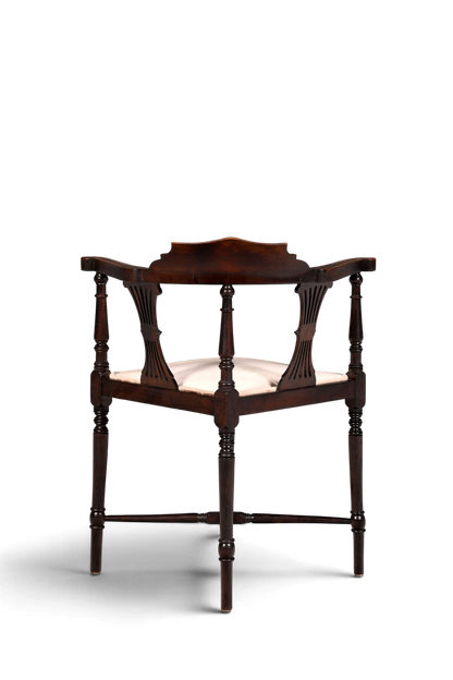 Hauptstadt Möblerei antiker Edwardian Eckstuhl aus dunklem Holz mit Intarsien und gepolsterter Sitzfläche