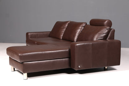 Beautiful Stressless E200 corner sofa in genuine brown leather with chaise longue, footstool, and vintage leather upholstery.