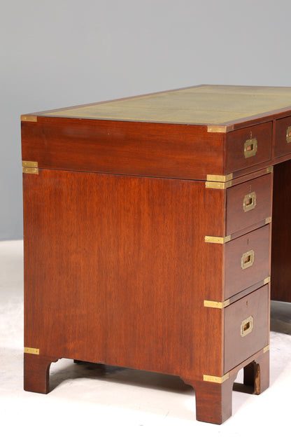 Edler Maritimer Schreibtisch Englischer Military Chest Bürotisch Office Table mit echt Lederauflage