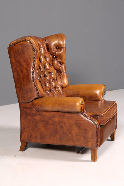Wunderschöner Original Chesterfield Ohrenbackensessel Englisch Echt Leder Herrensessel Relaxsessel Liegefunktion Vintage